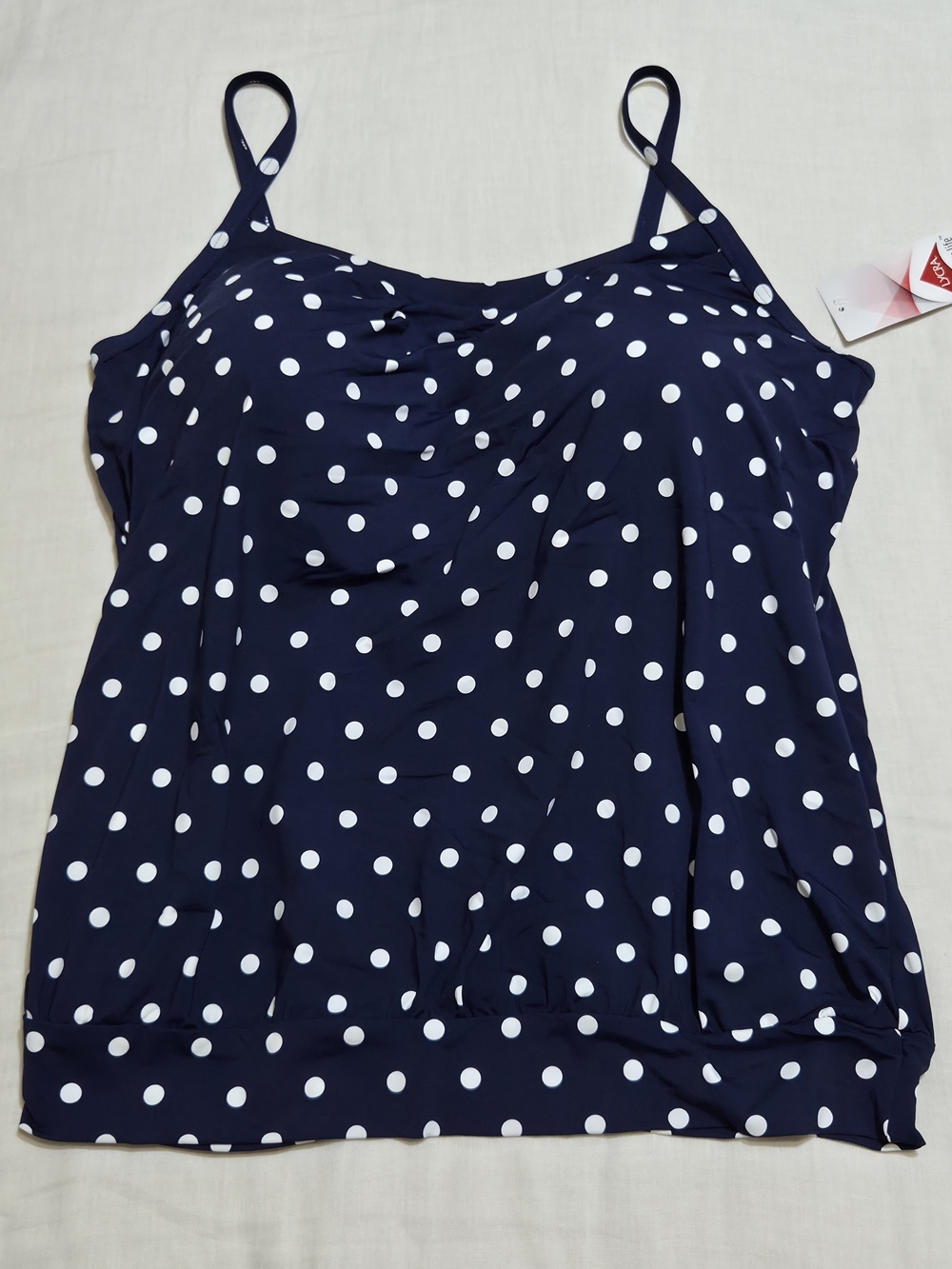 Lands' End Deep Sea Navy Polka Dot Blouson Tankini Swim Top